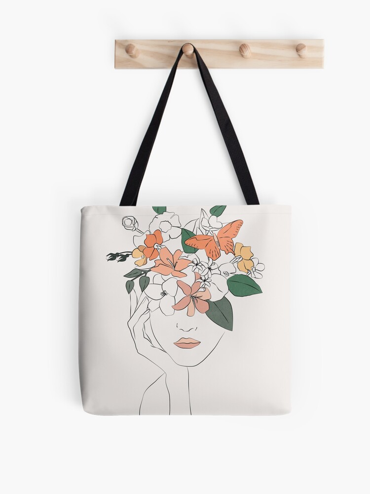 Fashion Line Woman Face Art Minimalist Aesthetic Girl Lady Beauty Eye  Flower Canvas Shoulder Shopper Cotton Handbag Eco Tote Bag