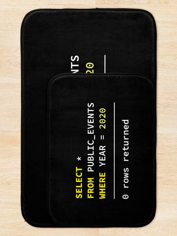 Thumbnail 5 of 6, Bath Mat, Select Public Events 2020, 0 Rows Returned, Database Developer, SQL Query, Software Engineer, Computer Science, Fullstack Developer, Programming Humor, Dark Background designed and sold by Max-Wear.