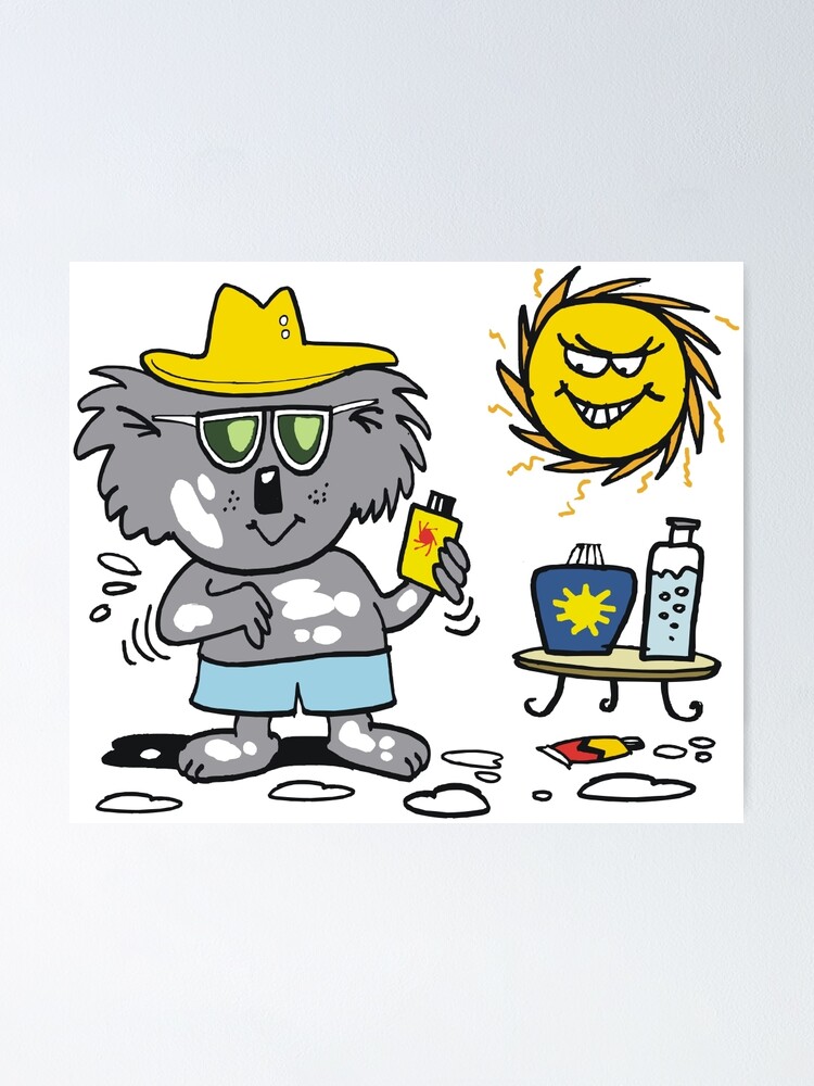 "Cartoon of happy koala bear using suntan lotion" Poster by MrCreator
