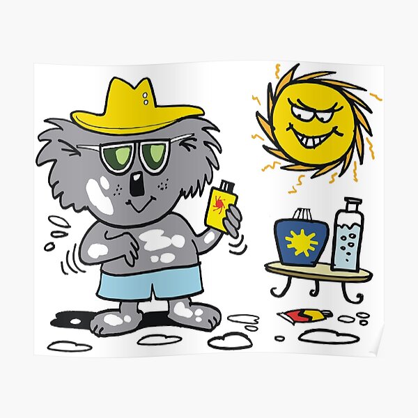 "Cartoon of happy koala bear using suntan lotion" Poster by MrCreator