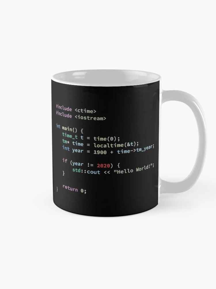 Thumbnail 3 of 6, Coffee Mug, Hello World 2020 in C++ Programming Language, Programmer, Source Code, Software Engineer, Computer Science, Programming Humor, Dark designed and sold by Max-Wear.