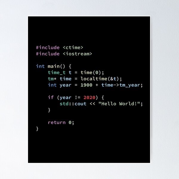 Artikel-Vorschau von Hallo Welt 2020 in C ++ Programmiersprache, Programmierer, Quellcode, Software Engineer, Informatik, Programmieren Humor, Dunkel, designt und verkauft von Max-Wear.