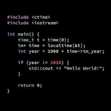 Artwork thumbnail, Hello World 2020 in C++ Programming Language, Programmer, Source Code, Software Engineer, Computer Science, Programming Humor, Dark by Max-Wear