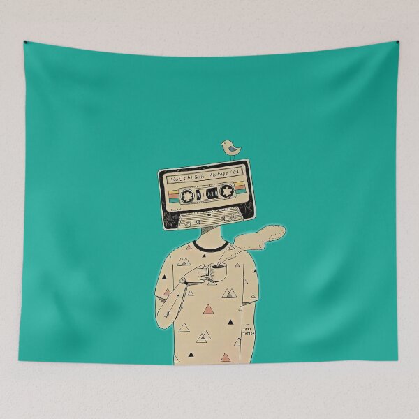 Item preview, Retro picture of a man thinking about his past getting nostalgic while drinking some coffee.  Nostalgia tape cassette portraying his head and thoughts.  designed and sold by eninageonline.