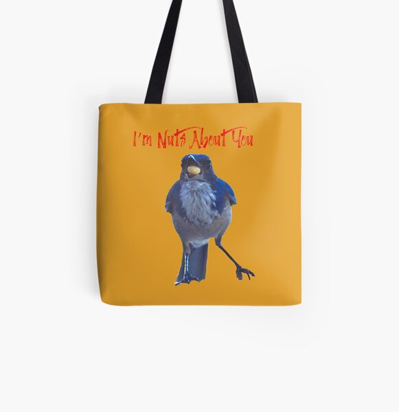 Blue Jay And Nut I'm Nuts About You In Nature With Concetta Ellis All Over Print Tote Bag
