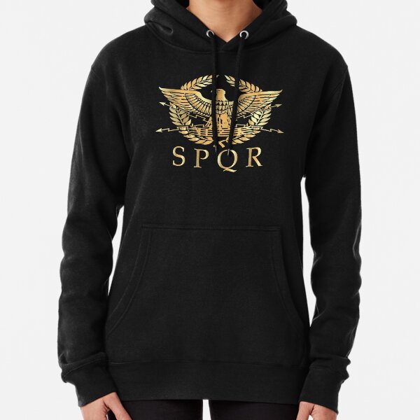 SPQR- Roman Empire Standard Eagle Emblem Vintage Gold Shield Pullover Hoodie