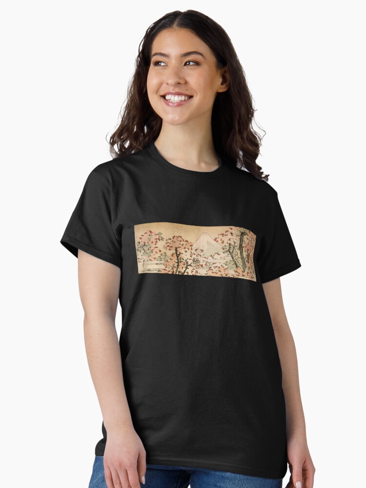 Thumbnail 1 of 7, Classic T-Shirt, 'Mount Fuji Behind Cherry Tree and Flowers' by Katsushika Hokusai (Reproduction) designed and sold by RozAbellera.
