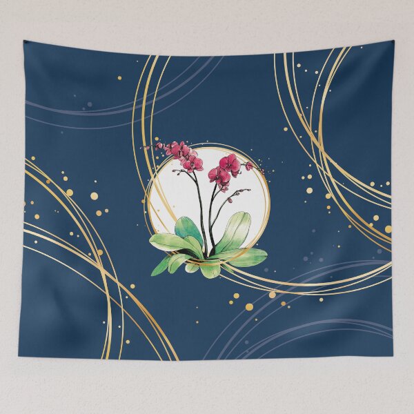 Item preview, Orchid surrounded by golden hoops on a blue background designed and sold by VictorineArt.