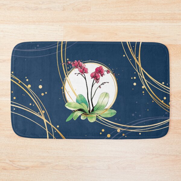 Item preview, Orchid surrounded by golden hoops on a blue background designed and sold by VictorineArt.