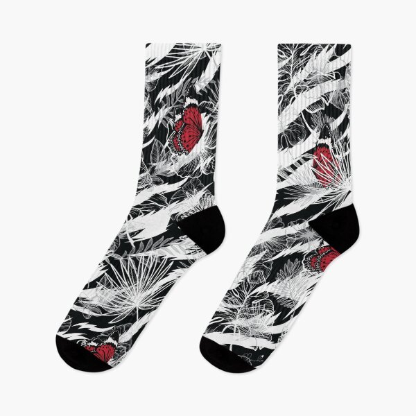 Item preview, Red Butterflies Gone Wild Black White Stripes Tropical Leaf Pattern designed and sold by ClaudiaFlores.