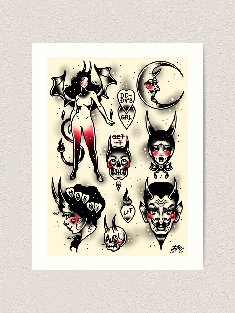 Horny Devil Cute Vintage Style Traditional Flash Tattoo