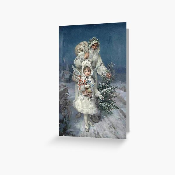 Vintage Christmas Card Santa Claus and Angel Greeting Card