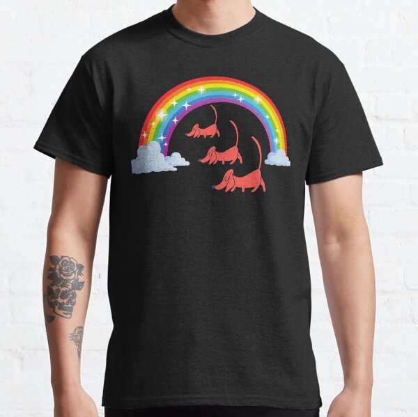 Rainbow with 3 animated reddish Dachshunds Classic T-Shirt