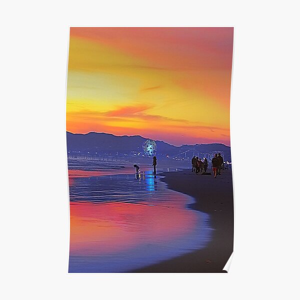 Ocean Shore Sunset In Santa Monica California Colorful Sky And Reflection Photography Poster