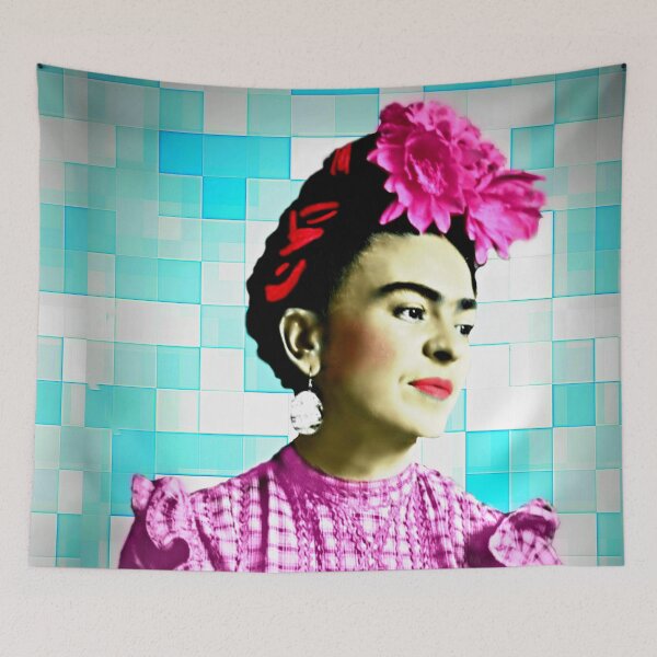 Item preview, Frida Kahlo Portrait Young Pink Aqua Blue designed and sold by FridaArtGallery.