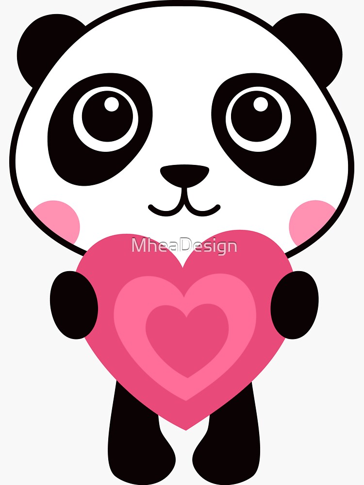 Panda holding pink love heart, cute cartoon illustration by MheaDesign