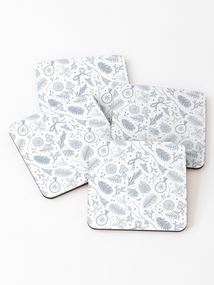 Thumbnail 1 of 5, Coasters (Set of 4), Winter Evergreens Pattern On White designed and sold by karolfuldesigns.