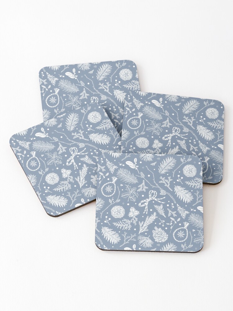 Thumbnail 1 of 5, Coasters (Set of 4), Winter Evergreens Pattern On Dark Blue designed and sold by karolfuldesigns.