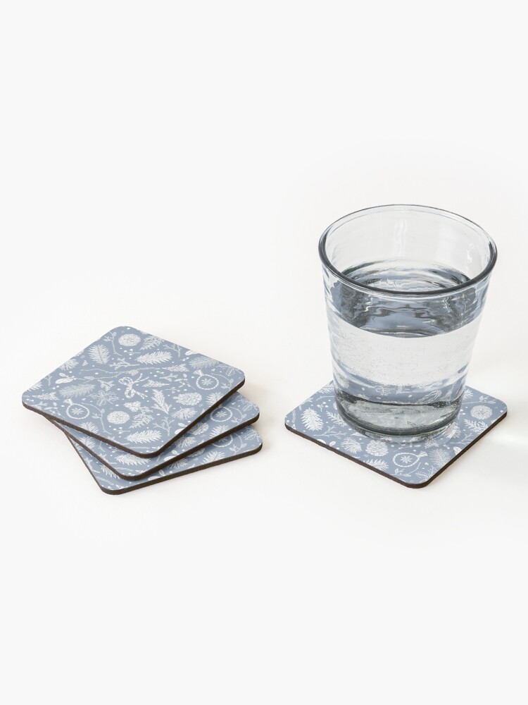 Thumbnail 2 of 5, Coasters (Set of 4), Winter Evergreens Pattern On Dark Blue designed and sold by karolfuldesigns.