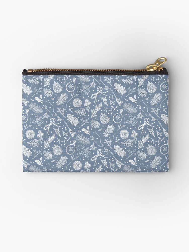 Thumbnail 1 of 4, Zipper Pouch, Winter Evergreens Pattern On Dark Blue designed and sold by karolfuldesigns.