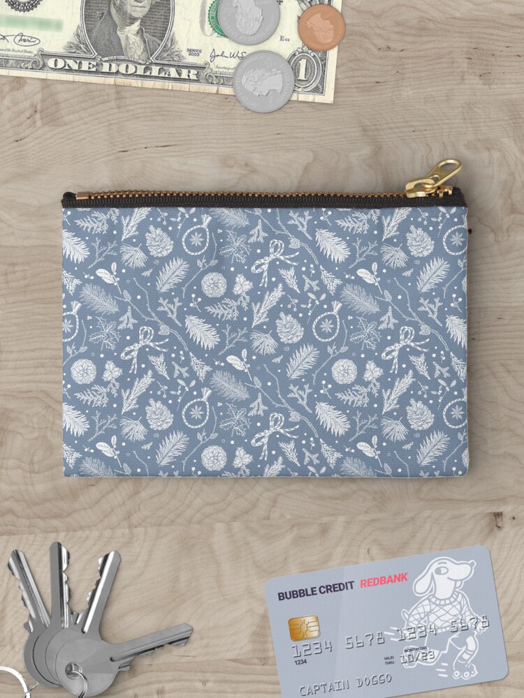 Thumbnail 3 of 4, Zipper Pouch, Winter Evergreens Pattern On Dark Blue designed and sold by karolfuldesigns.