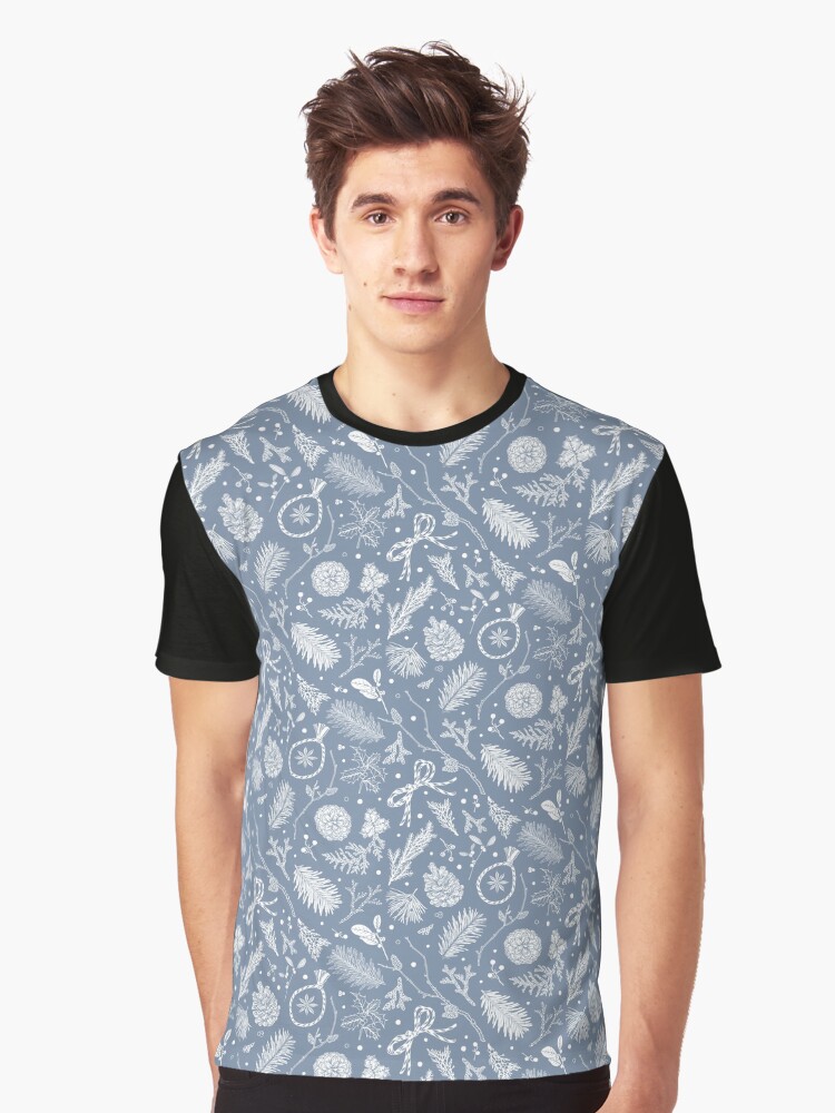 Thumbnail 1 of 5, Graphic T-Shirt, Winter Evergreens Pattern On Dark Blue designed and sold by karolfuldesigns.
