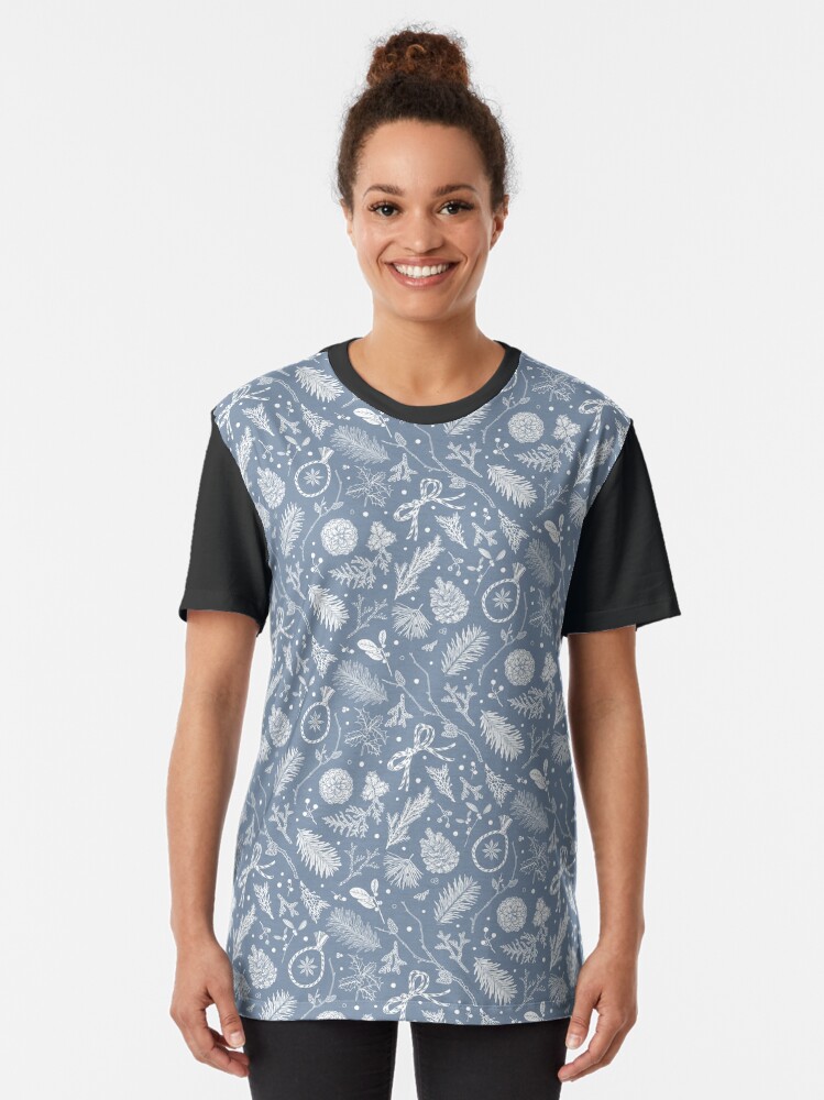 Thumbnail 2 of 5, Graphic T-Shirt, Winter Evergreens Pattern On Dark Blue designed and sold by karolfuldesigns.