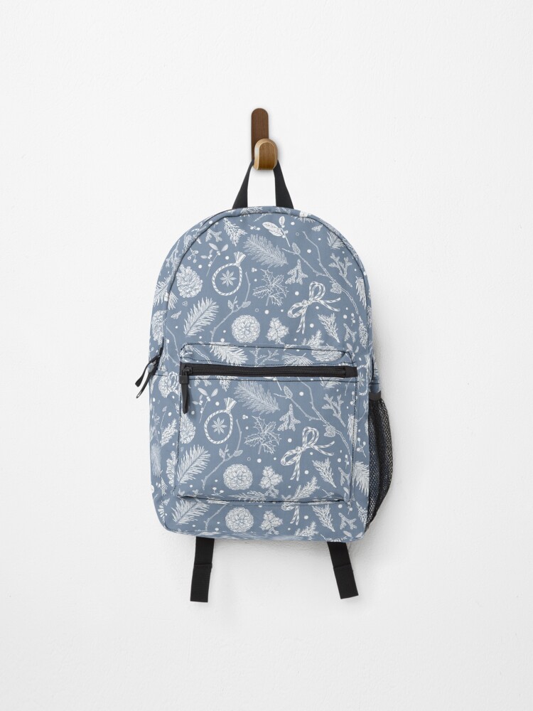 Thumbnail 1 of 3, Backpack, Winter Evergreens Pattern On Dark Blue designed and sold by karolfuldesigns.