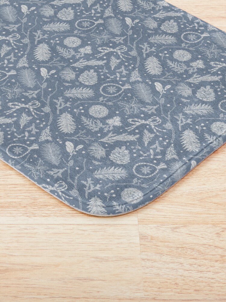Thumbnail 3 of 6, Bath Mat, Winter Evergreens Pattern On Dark Blue designed and sold by karolfuldesigns.