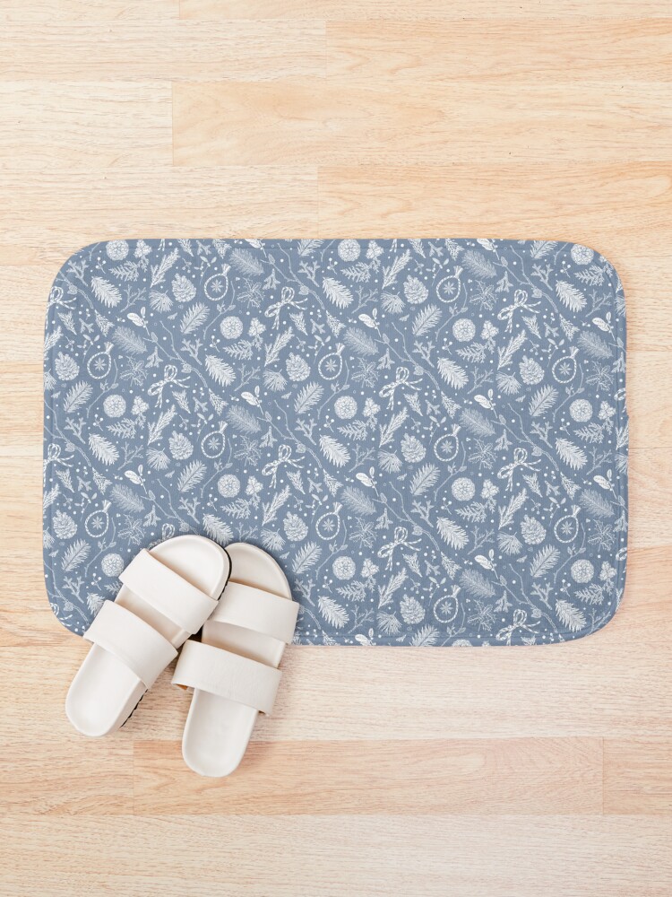 Thumbnail 1 of 6, Bath Mat, Winter Evergreens Pattern On Dark Blue designed and sold by karolfuldesigns.