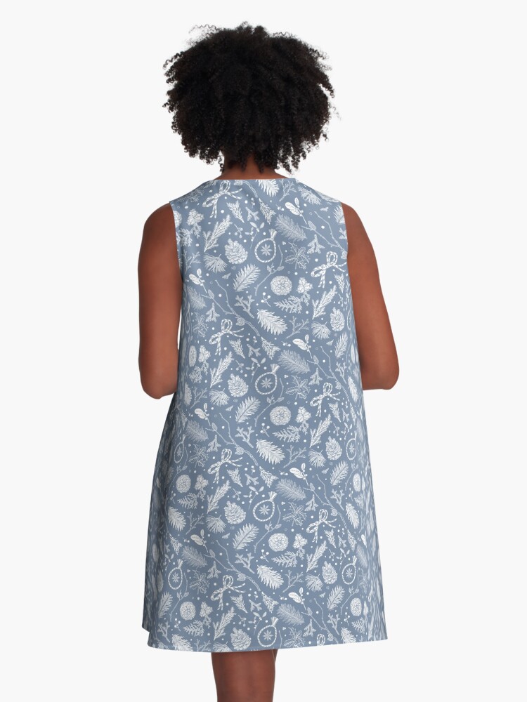 Thumbnail 3 of 4, A-Line Dress, Winter Evergreens Pattern On Dark Blue designed and sold by karolfuldesigns.