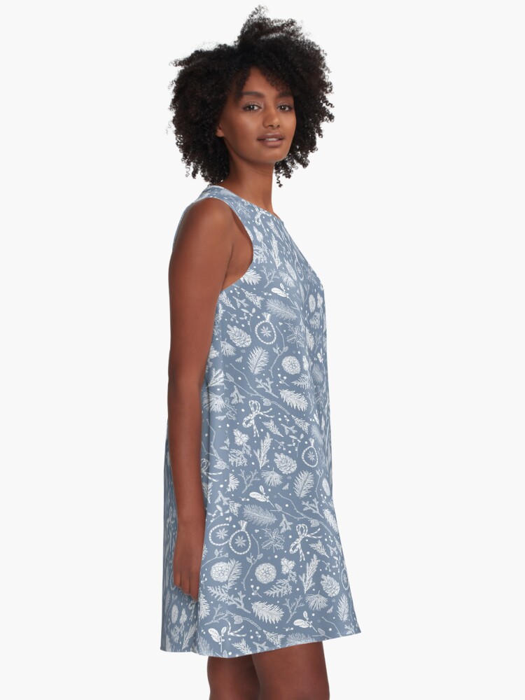 Thumbnail 2 of 4, A-Line Dress, Winter Evergreens Pattern On Dark Blue designed and sold by karolfuldesigns.