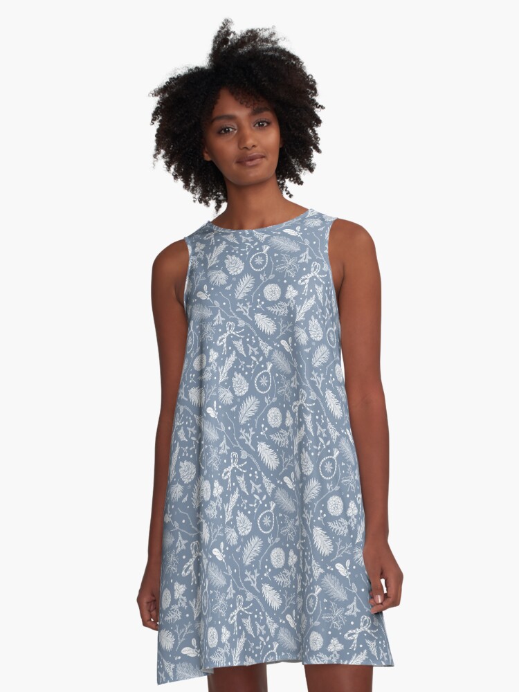 Thumbnail 1 of 4, A-Line Dress, Winter Evergreens Pattern On Dark Blue designed and sold by karolfuldesigns.