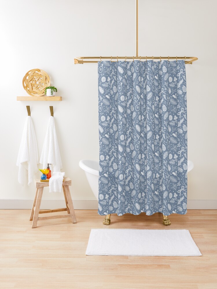 Thumbnail 1 of 5, Shower Curtain, Winter Evergreens Pattern On Dark Blue designed and sold by karolfuldesigns.
