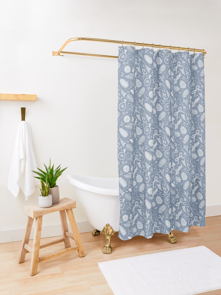Thumbnail 3 of 5, Shower Curtain, Winter Evergreens Pattern On Dark Blue designed and sold by karolfuldesigns.