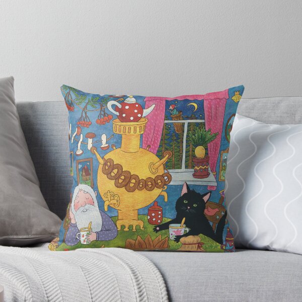 Artikelvorschau, Grandpa and a black cat are drinking tea in a cozy home. Vivid digital illustration. Cute illustration for the decor and design of posters, postcards, prints, stickers, invitations, textiles. entworfen und verkauft von Yovin11.
