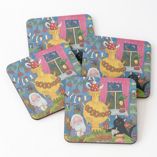 Artikelvorschau, Grandpa and a black cat are drinking tea in a cozy home. Vivid digital illustration. Cute illustration for the decor and design of posters, postcards, prints, stickers, invitations, textiles. entworfen und verkauft von Yovin11.