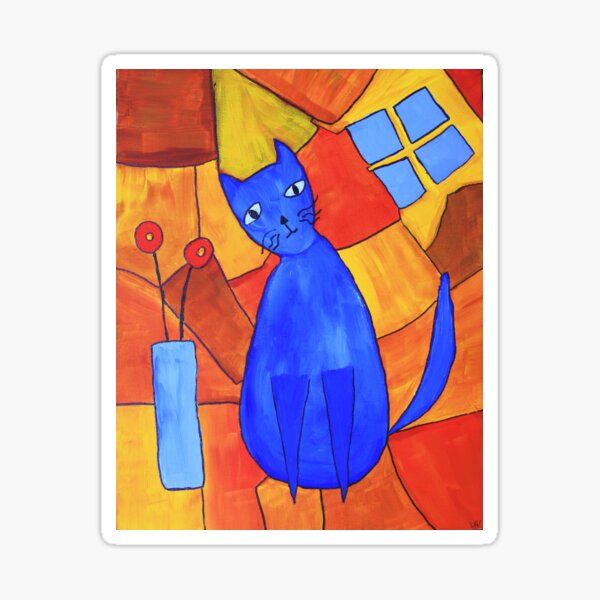 Whimsical Blue Cat And Red Poppies Sticker