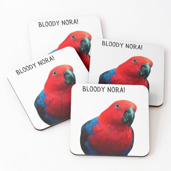 Item preview, Bloody Nora!, Red and blue Rosella parrot, close up. Photograph and black text. designed and sold by JellyBeenzz.