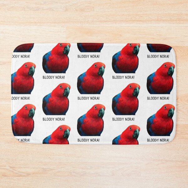 Item preview, Bloody Nora!, Red and blue Rosella parrot, close up. Photograph and black text. designed and sold by JellyBeenzz.