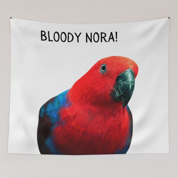 Item preview, Bloody Nora!, Red and blue Rosella parrot, close up. Photograph and black text. designed and sold by JellyBeenzz.