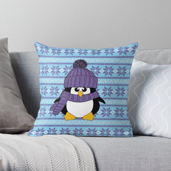 Pretty Purple Poinsettia Pattern with Penguin Throw Pillow