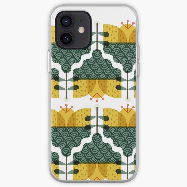 Mustard yellow and dark green Scandi flower iPhone Soft Case