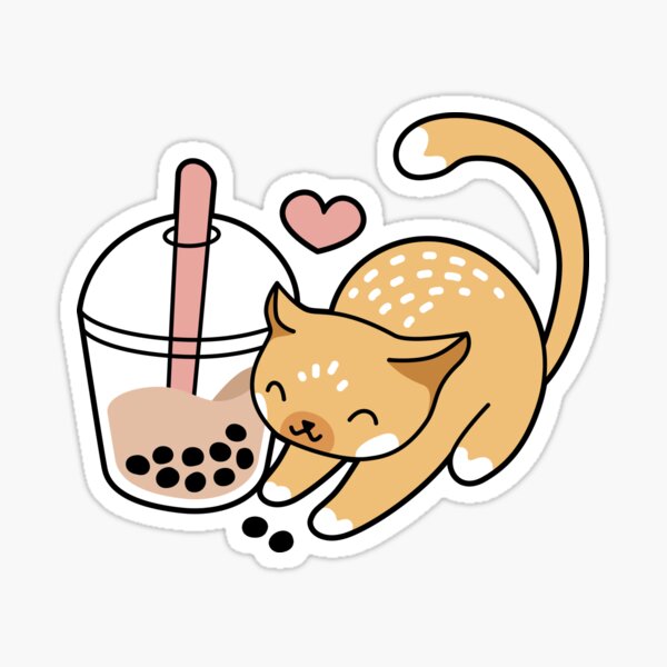 White Kawaii Kitty Drinking Boba Tea Waterproof Sticker