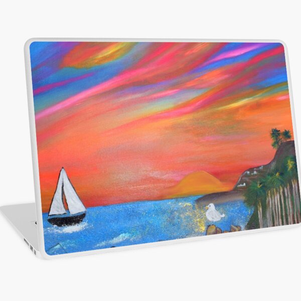 San Pedro Royal Palms Beach Sunset Painting By Concetta Ellis Laptop Skin