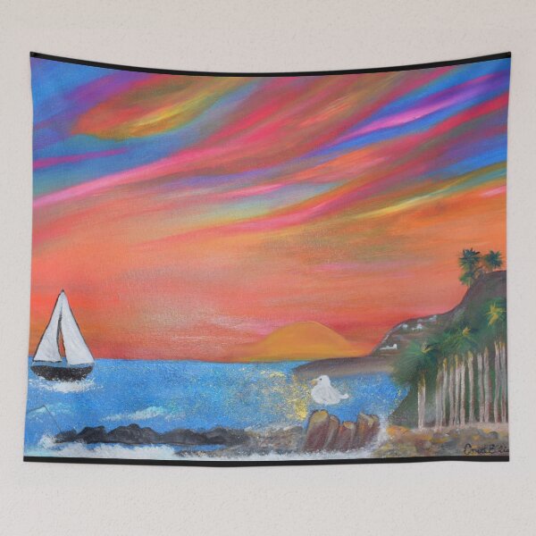 Item preview, San Pedro Royal Palms Beach Sunset Painting By Concetta Ellis designed and sold by concettaellis.