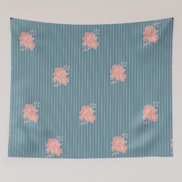 Item preview, Tangerine Orange Flowers on Blue Background with White Lines  designed and sold by tulipdesign.