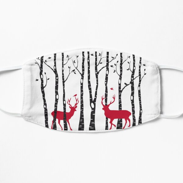 Christmas card, red deer in birch tree forest Flat Mask