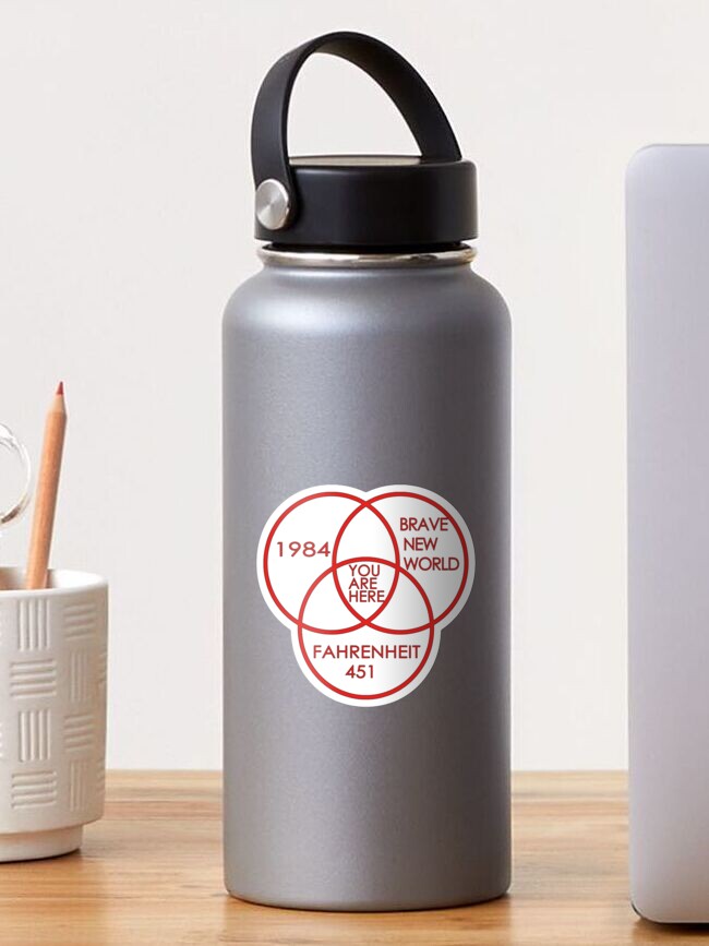 Aperçu 1 sur 3. Sticker avec l'œuvre 1984 Le Meilleur des mondes Conspiration Fahrenheit 451 créée et vendue par design880.
