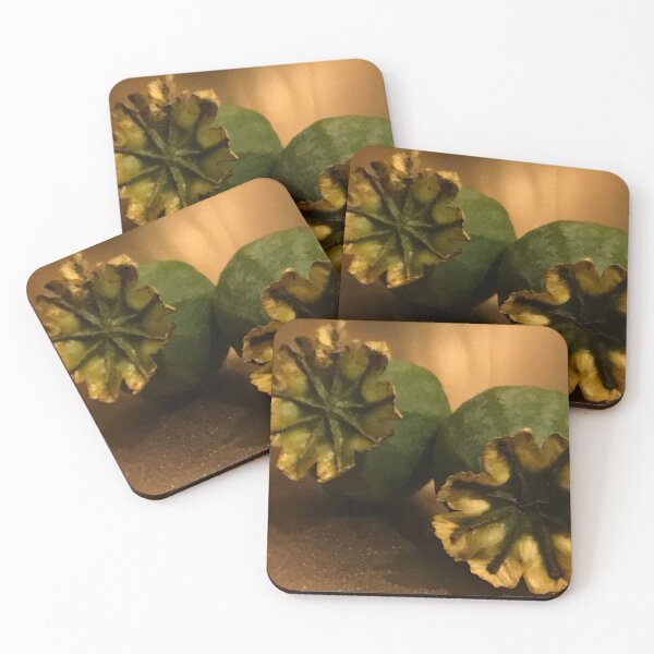 Item preview, Photo of two green poppy seed heads, tinged with yellow against a golden backdrop. designed and sold by Lorraine Lashley  - My Joy..